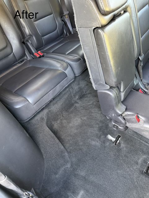 Black leather rear seats and carpet after detailing, carpet clean-looking (labeled 'After')