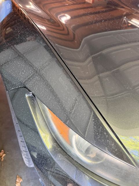 Close-up of a black car's front fender and headlight covered in dust and water spots before detailing (labeled 'Before')